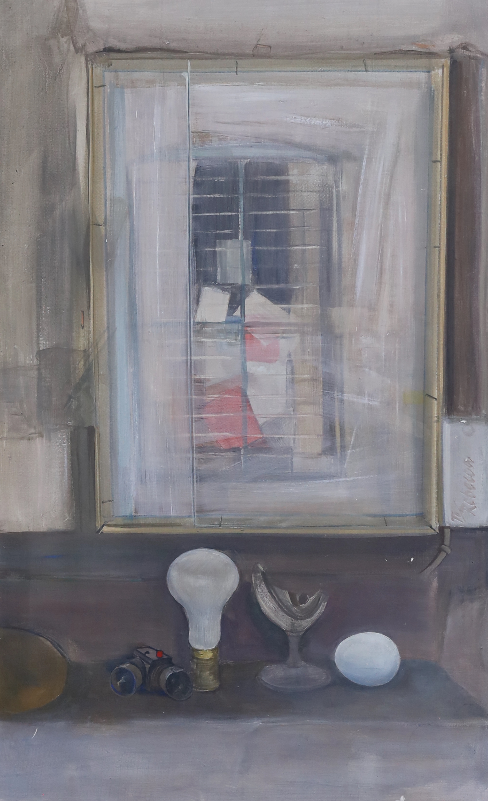 David Tindle R.A. (British, b.1932), Objects before a window, oil on canvas, 74 x 46cm